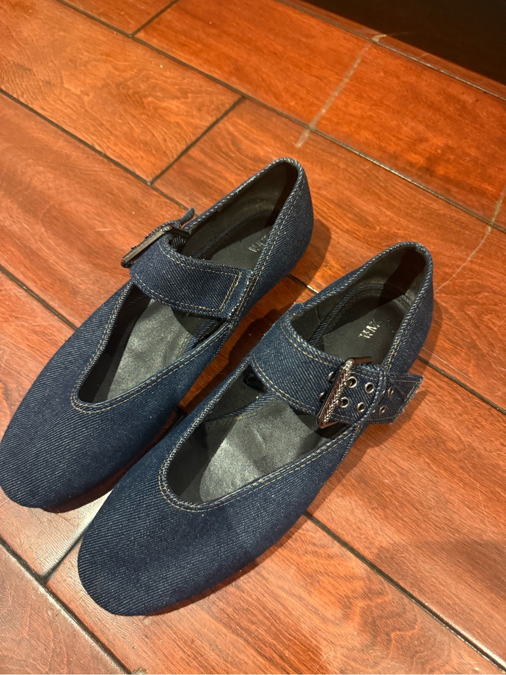 Zara Dark Blue Denim Mary Jane Flats with Buckle
